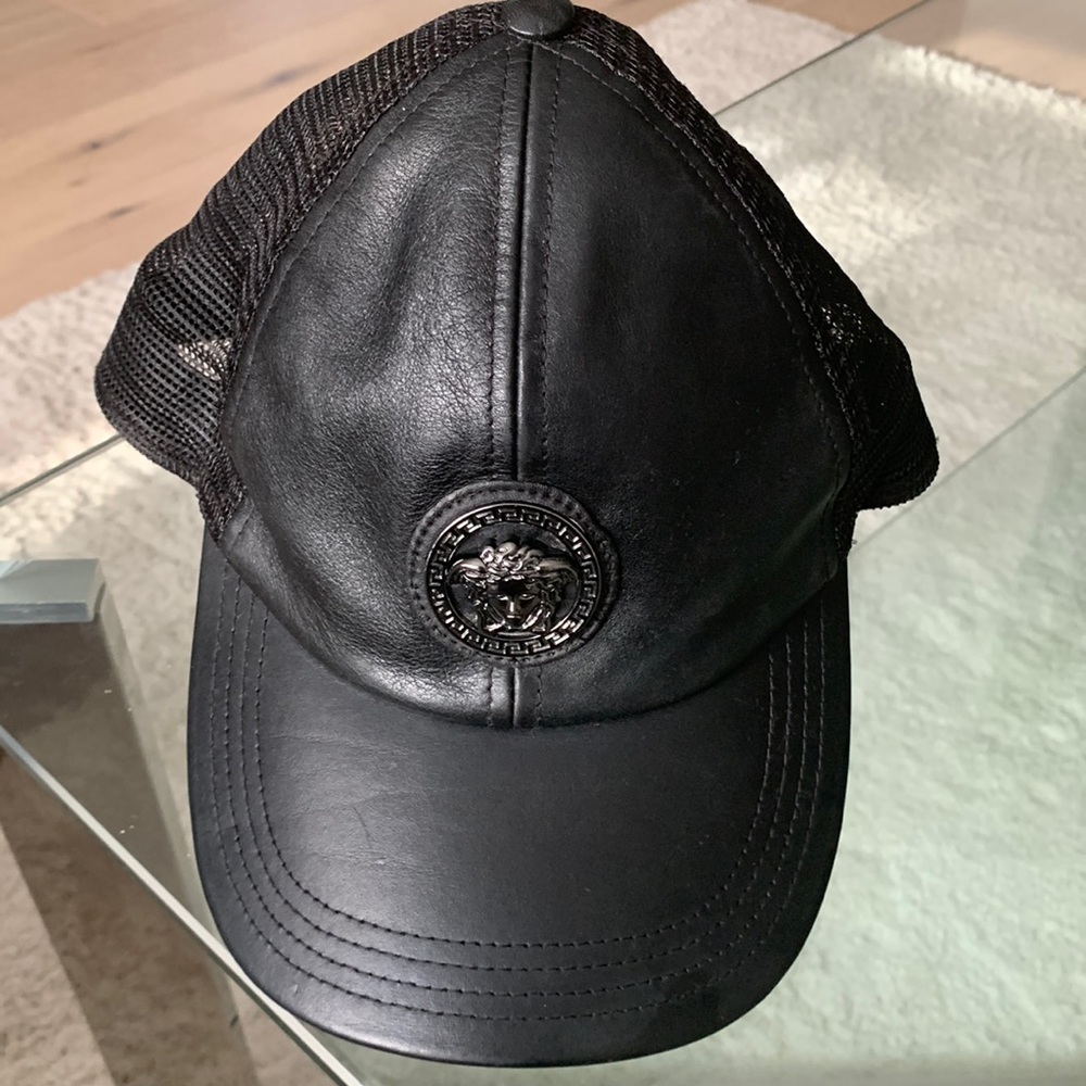Versace  Black Lambskin Leather Silver Medusa Baseball Cap Very Rare sz 59